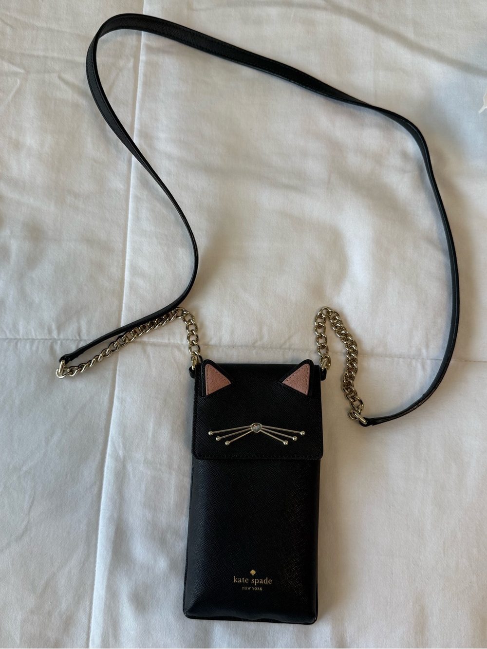 Kate Spade Black Cat Leather Crossbody Phone Bag with Chain-and-Leather Strap